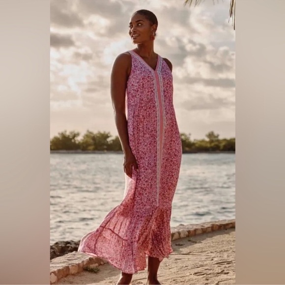 J.Jill Pink Green Floral V-neck Flounced Hem Sleeveless Maxi Dress - Picture 1 of 14